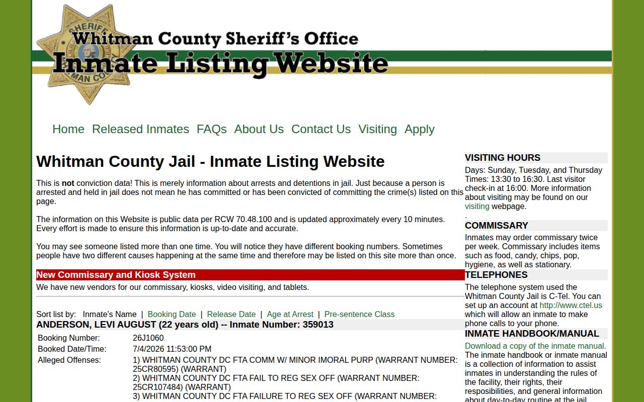 Official Whitman County Jail Inmate Listing interface